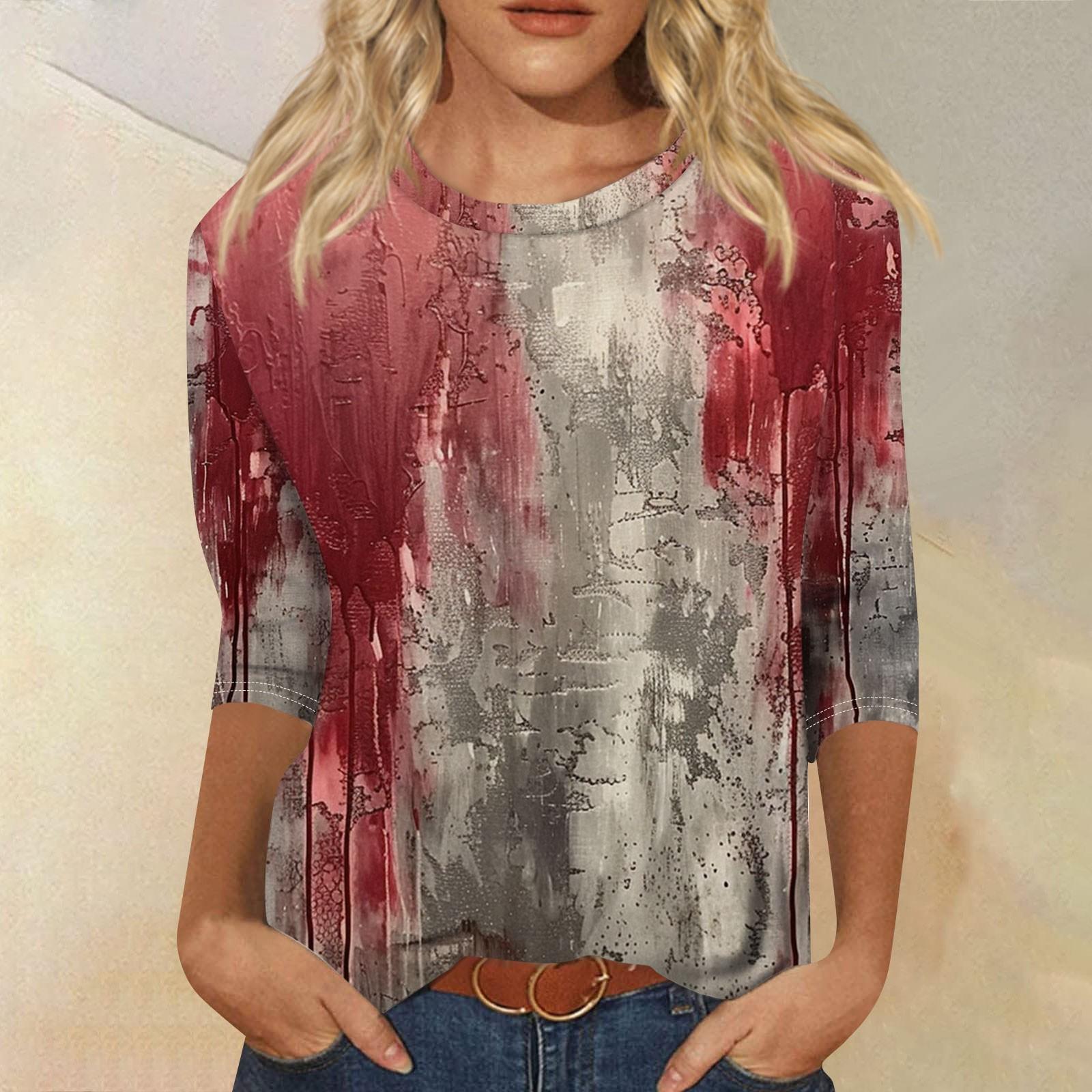 

Жіночі топи Сорочка з рукавом три чверті V-подібний виріз Вільна повсякденна сорочка Футболка з принтом M