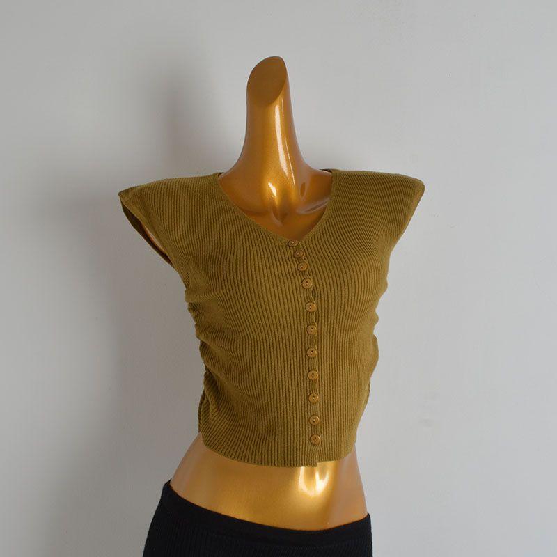 Pure Color New Arrival Minimalist V-neck Ruffled Sleeve Knitting Cardigan Women's Clothes Summer Silm Elastic Ruched T-shirt Tops Tide