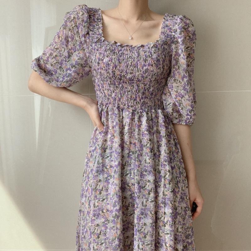 2023 Summer Korean Square Neck Floral Chiffon Dress - Ruched High Waist with Puff Sleeves