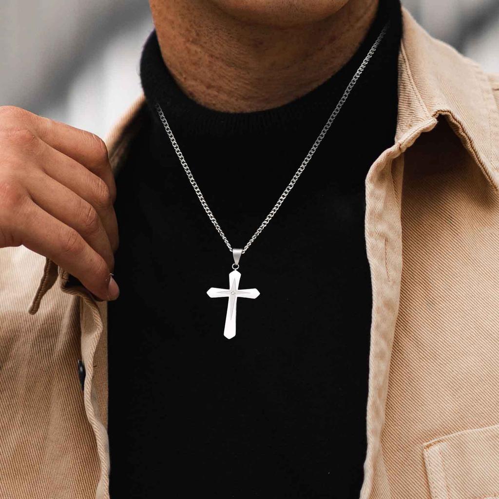 Vnox Stainless Steel Four-Pointed Star Cross Necklace with Diamonds, 27.5x45.6mm Pendant Link Chain, Durable Men's Jewelry Gifts