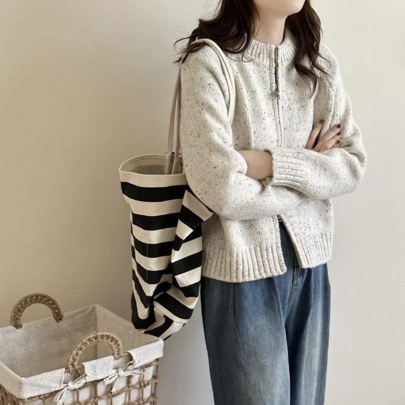 Retro Gentle Wind Variegated Knitted Cardigan Top Women's Autumn and Winter New Round Neck Short Lazy Sweater Jacket