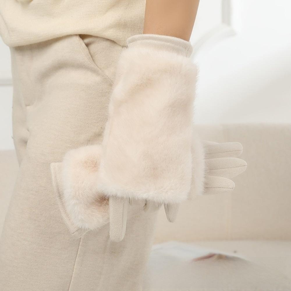 Solid Color Women Winter Gloves Rabbit Faux Fur Thermal Mittens Fashion Suede Gloves Girl