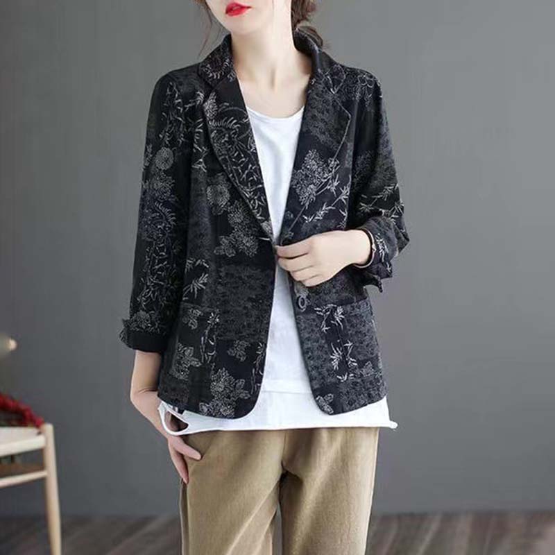 Blazer Imprimé Rétro pour Femmes Veste Courte Fine à Manches Longues Coton Décontracté Ample Manteau Printemps et Automne Commute Version Coréenne Style Harajuku