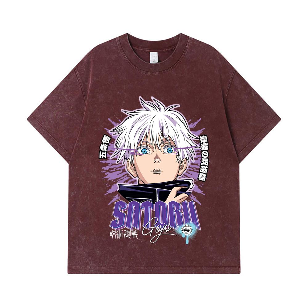 275 GSM Washed T-shirts 100% Cotton Jujutsu Kaisen V27 Gojo Print Unisex Heavy Cotton T Shirt