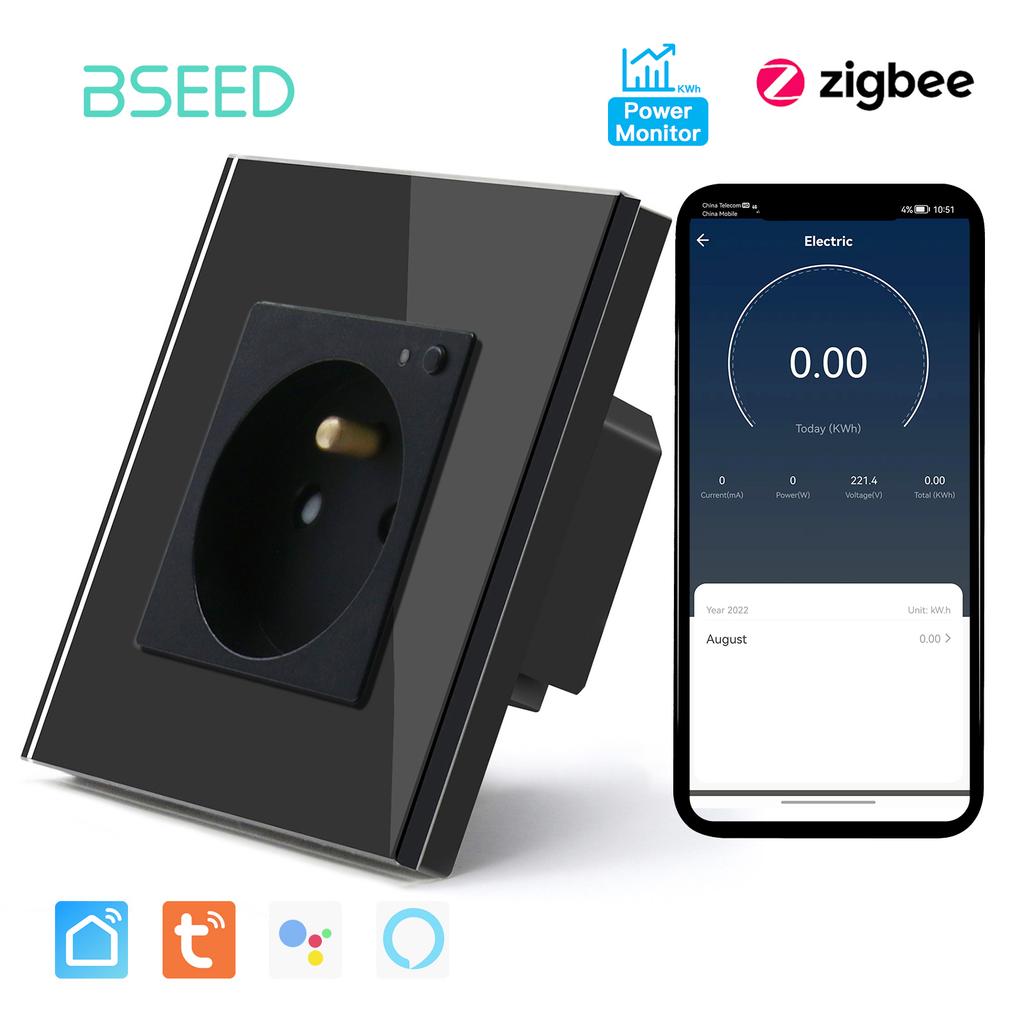 BSEED French Zigbee Socket Wall Smart Sockets Power Monitor Function Tuya Smart Life Google Alexa Voice Control Glass Panel 16A