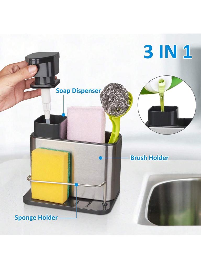 3-In-1 Sponge Holder for Kitchen Sink Caddy Kitchen Sink Organizer Tray Drainer Rack, Rustproof Dish Soap Dispenser Brush Holder