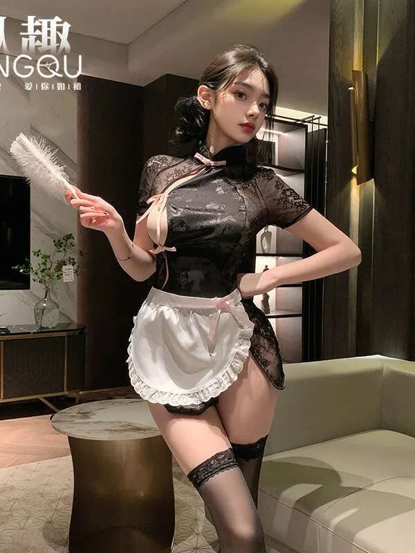 New Sexy Cheongsam Uniform Temptation Lace Slit Dress Elegant Bow Sweet Mini Dress Mesh Lace Sheer Hot Sexy Women Tops 677N