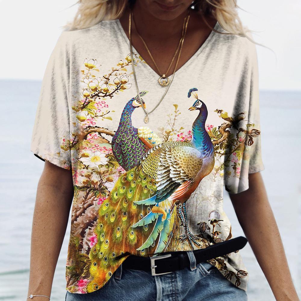 

Peacock Animal 3D Digital Printing Casual Temperament Commuting Comfort V-neck Short Sleeved Women s T-shirts S
