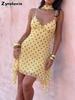 Women's Summer New Lightweight Chiffon Elegant Halter Suspender Ruched Printed Polka Dot Dress
