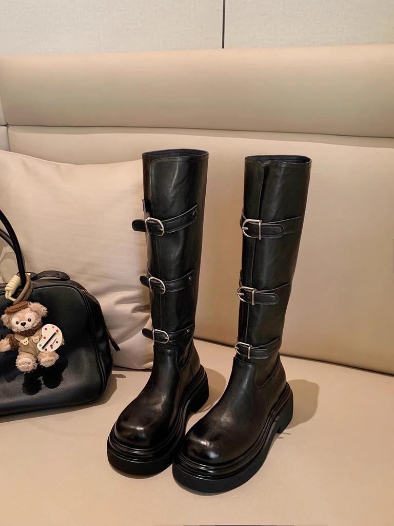 Cowhide Su Yinyin 6cm thick-soled but knee boots women's autumn and winter belt buckle thin boots western knight boots