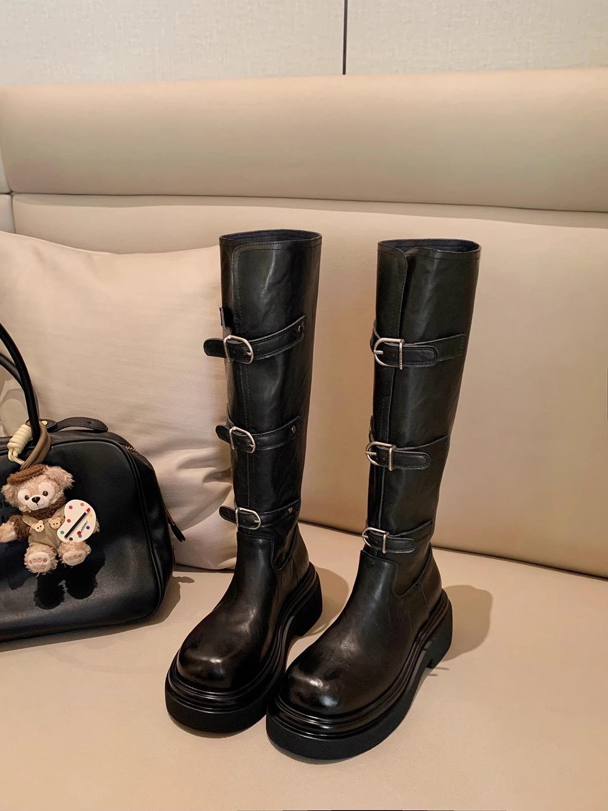 

Cowhide Grape Mom 6cm Thick Sole But Knee Boots Women s Autumn and Winter Belt Buckle Skinny Boots Western Knight Boots 40