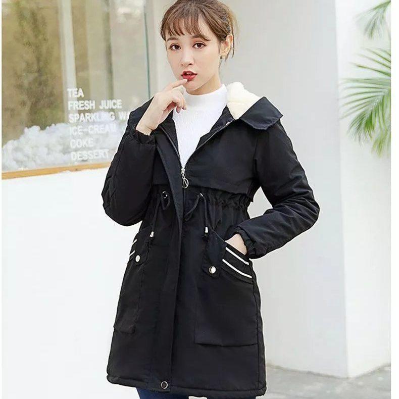 Fluffy and Thick Cotton Clothing, Autumn and Winter Korean Version, Waist Tightened, Versatile Mid-length Trench Coat, Cotton Coat Women's Trend