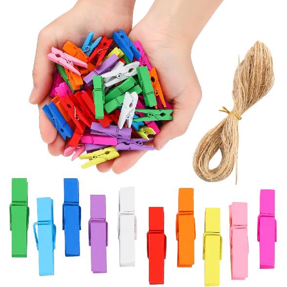 Мини прищепки для фото, 100 шт. Деревянные прищепки для одежды, Цветные прищепки с джутовой веревкой, Маленькие прищепки для фото, поделок, картинок