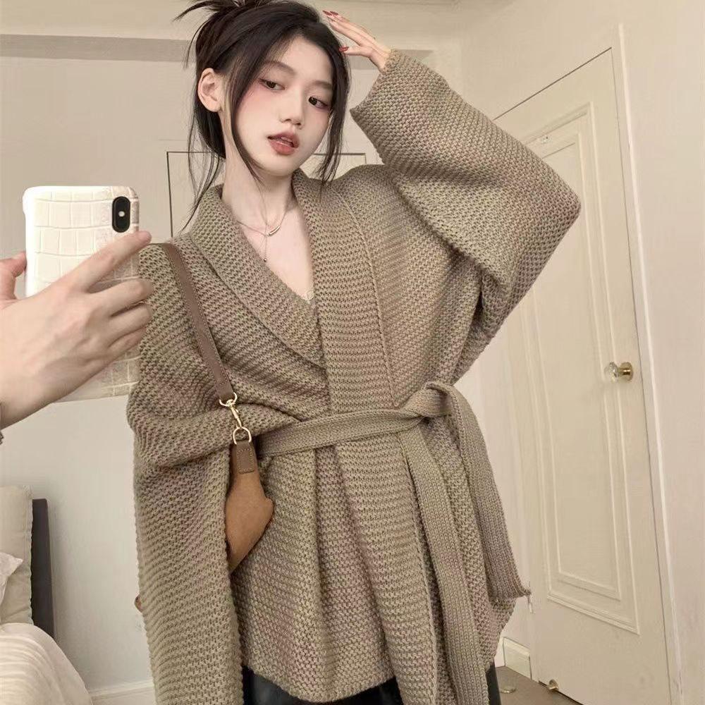 Women's Plus Size French Collar Cardigan Coat - Spring/Autumn Knitted Waist-Tie Top
