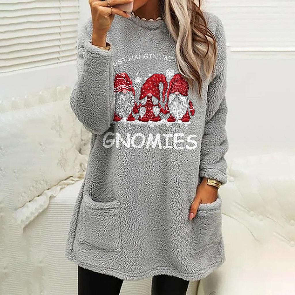 European & American Women's Dwarf Letter Print Plush Hoodie - Round Neck, Loose Fit, Long Sleeve, with Pockets
