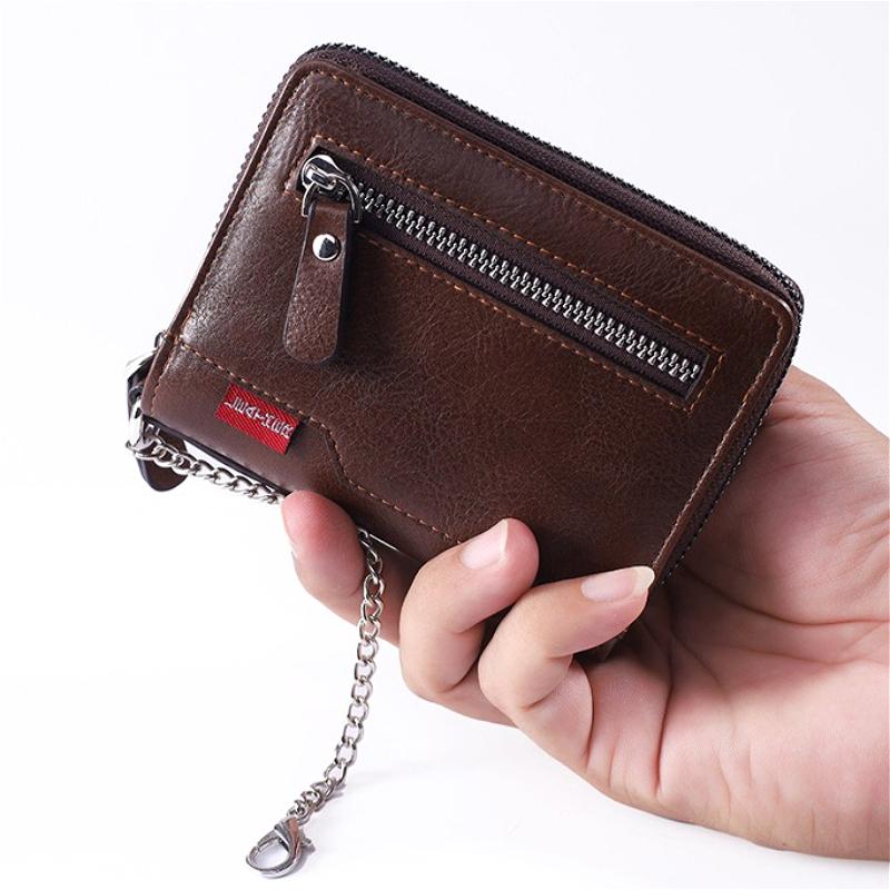 Herren Leder Geldbörse Kurz Reißverschluss Münzbörse Vintage RFID-Blockierend Zweifach gefaltete Geldbörse mit Kartenhalter Foto Fach Ketten Geldbörse Männliche Clutch Geldbörse