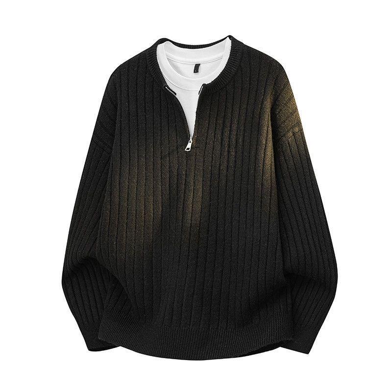 Men's Casual Ribbed Knit Sweater - Autumn/Winter Round Neck Loose-Fit.