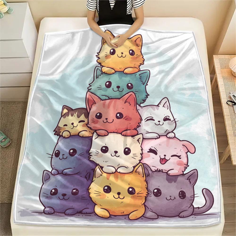 Stacked Cats Print Flannel Blanket, High quality Comfortable for All Seasons, Home Decor, Warmth and Comfort