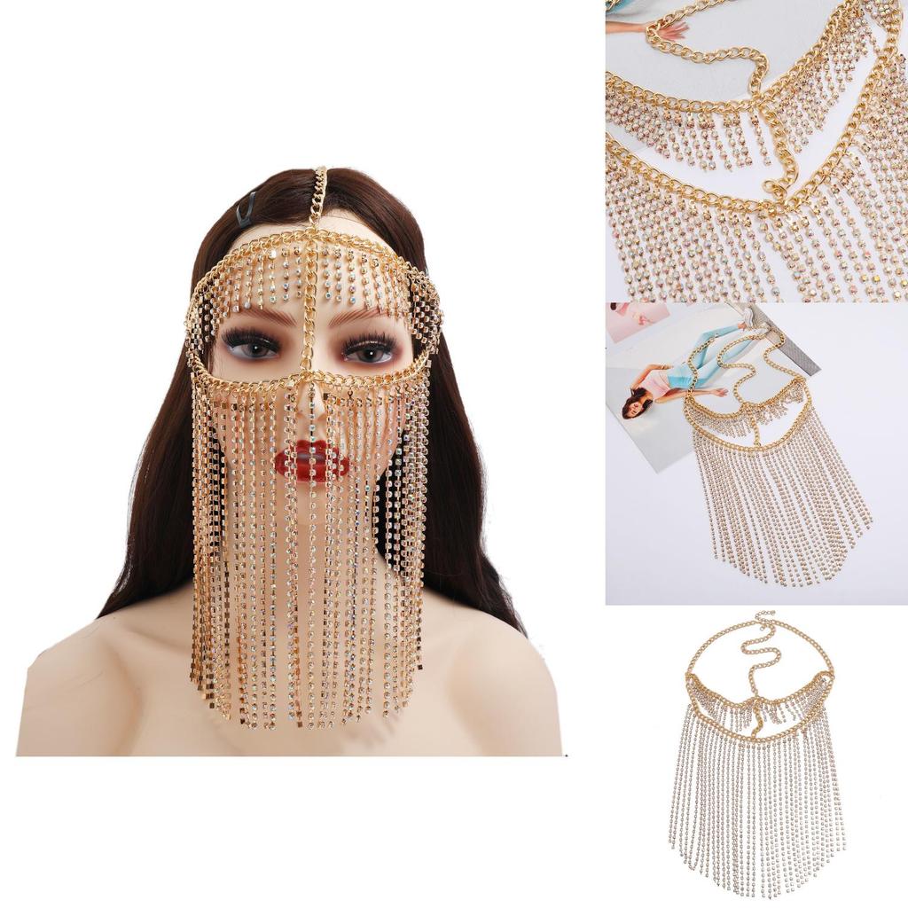 Fashion Rhinestone Decoration With Tassel Design Women Headwear Face Curtain For Nightclub Party And Performance