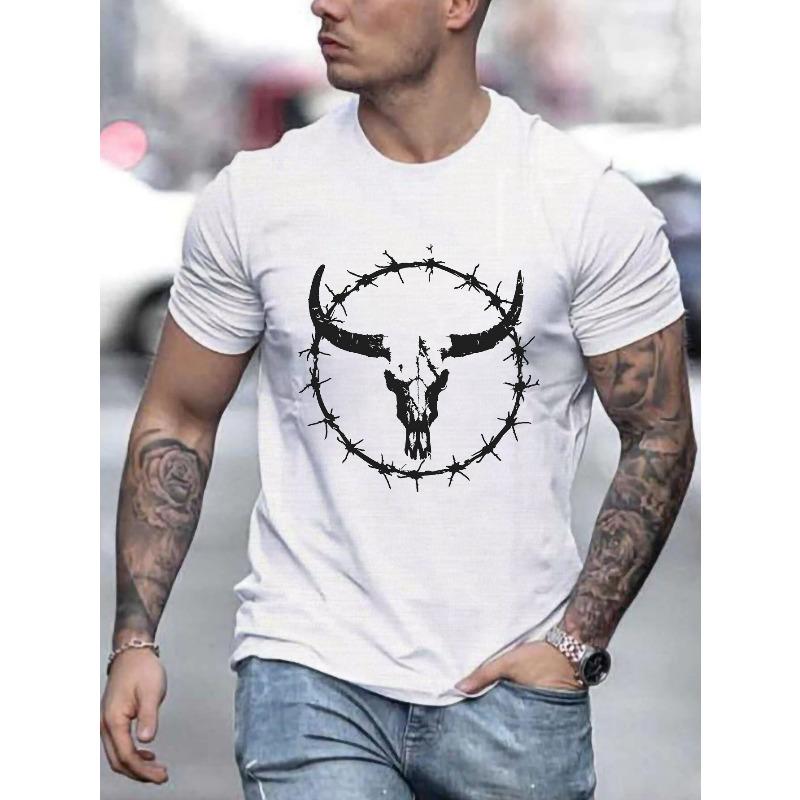 

European sizes Western Bull Skull Design Men s Casual Grew Neck Short Sleeve T-Shirt for Summer 4XL білий