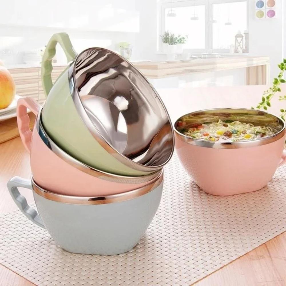 Stainless Steel Bowl with Handle Anti Scalding Kitchenware Mixing Bowl for Cooking Soup Instant Noodles Solid Color Durable Bowl