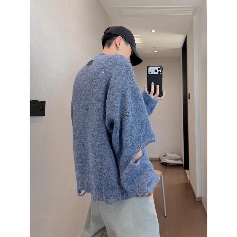 Vintage Light Blue Fuzzy Knit Sweater Mens Loose Fit Distressed Crewneck Streetwear