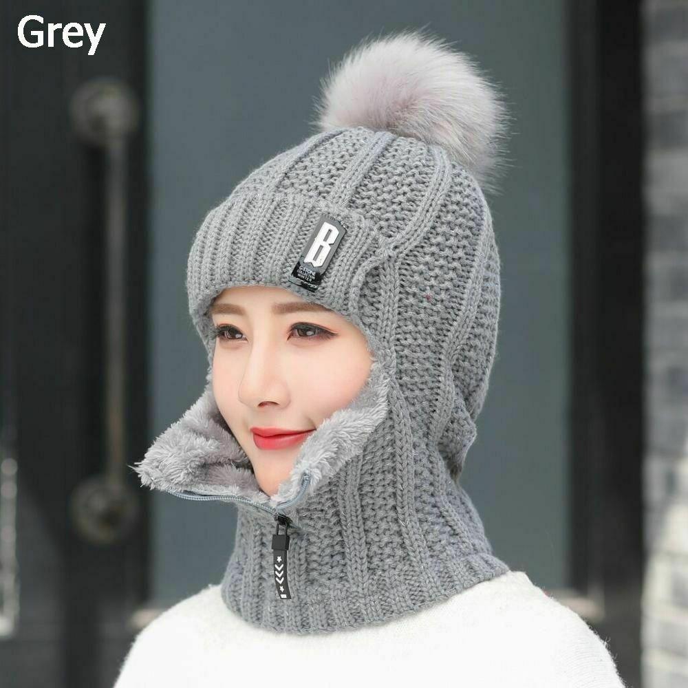 Hochwertiger Winter Siamese Schal Kragen Wolle Gestrickte Mütze Beanie Kappen Mütze Skifahren Reiten Bommel Mütze Plüsch Fleece Ohrenmütze(6 Farben)