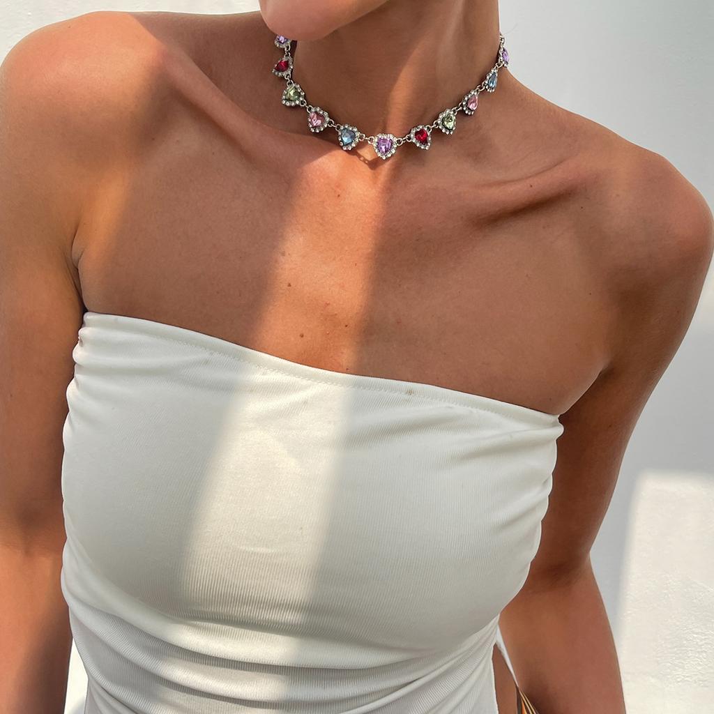 Simple Full Diamond Love Necklace, Versatile Temperament Colorful Geometric Diamond-encrusted Necklace for Women