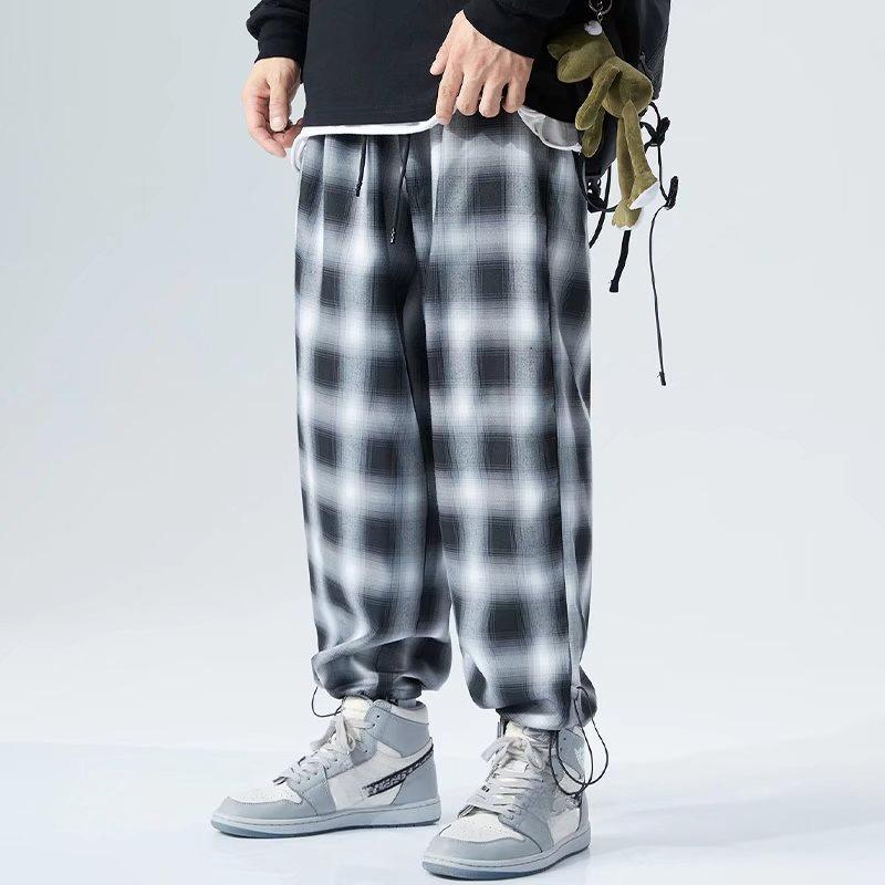 Herren Schwarz-Weiß Karierte Hose Locker Geschnitten Übergroß Weitbeinige Hose Fließend Lässig Kordelzug Bündchenhose Herrenbekleidung