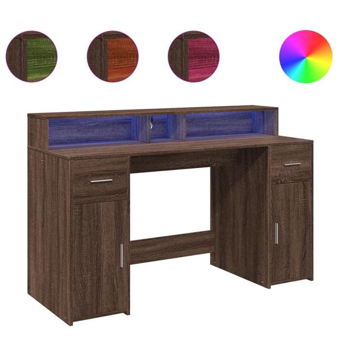 VidaXL Bureau et lumières LED chêne marron bois d'ingénierie, bureau de travail, bureau d'étude, bureau à domicile, bureau 3309426