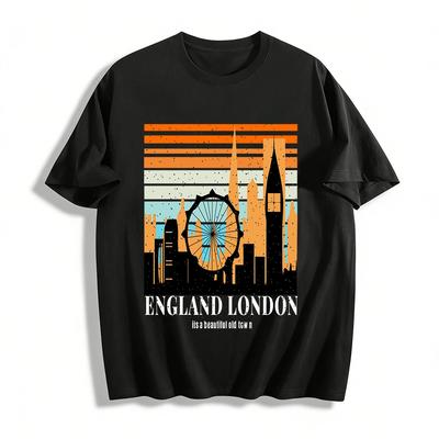 Vintage London Skyline Print Casual T-Shirt Pure Cotton T-shirt