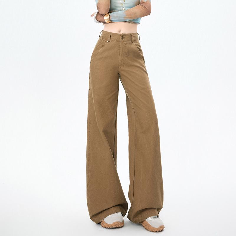 Jeans Larghi a Zampa Retro Khaki da Donna con Tasche Multiple per la Primavera