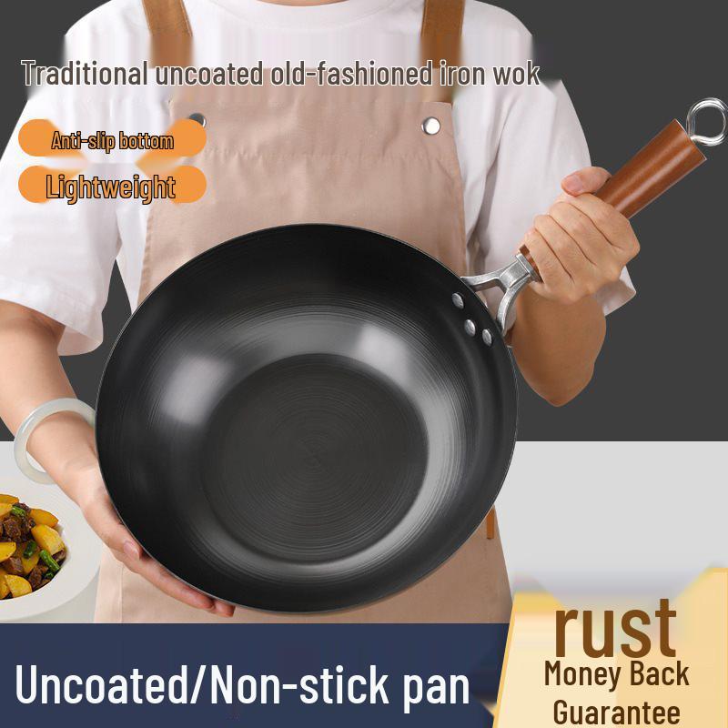 Traditioneller Eisen-Wok mit flachem Boden für Induktions- und Gasherde - Unbeschichtet, Antihaft-Bratgeschirr