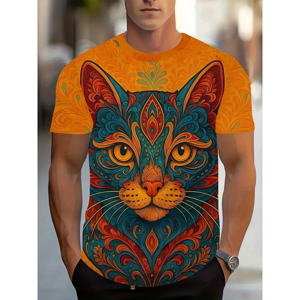 New Fun Cat Print Men's T-Shirt Street Trend Short Sleeve Versatile Men's T-Shirts Top