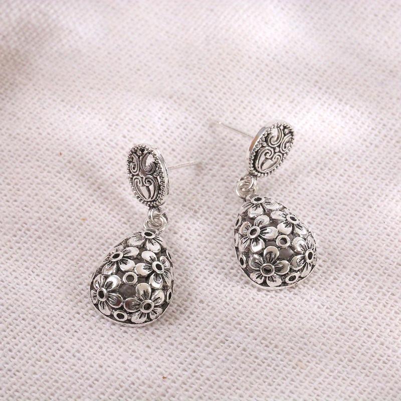 Silver Plated Floral Pattern Drop Earrings Metalwork Romantic Flower Sphere Dangle Earrings For Women Girls Lover Valentine'
