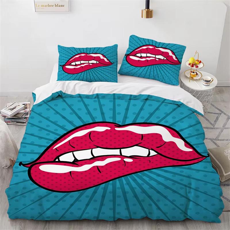 Sexy Lips Duvet Cover King Twin 3D Mouth Print Bedding Set Microfiber Kiss Marks Comforter Cover Lipstick Trace Bedspread Cover