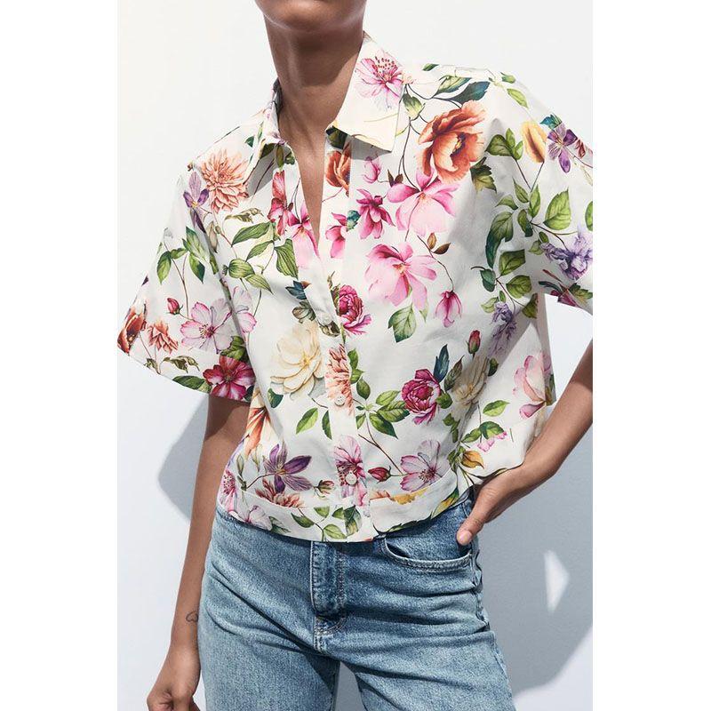 Summer New Product Women's Clothes Lapel Short Sleeve Dignified Flowers Print Poplin Cotton Short Shirt 3652340