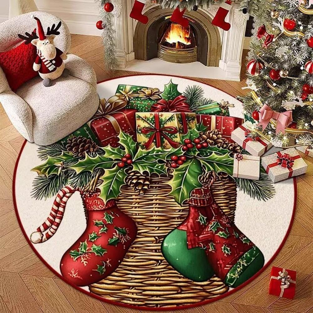 Santa Claus Christmas Rug 2D Flat Printed Christmas Doormat Round Vortex Carpet Christmas