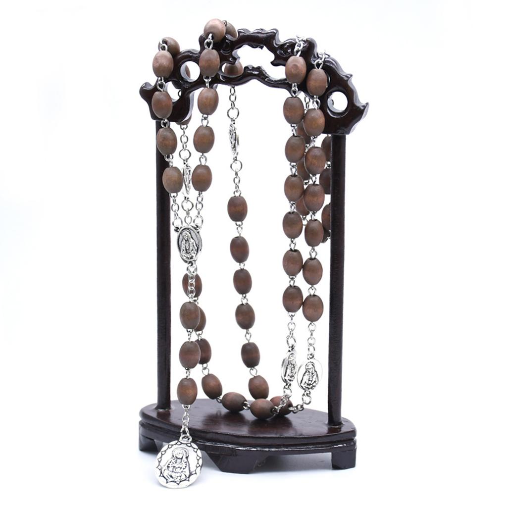 Wood Catholic Rosary Necklace Beads Holy Mother Hanging Pendant Charm for Women Men Church Decoration Meditation Praying