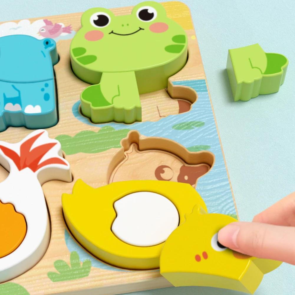 4-In-1 Wooden Toys 3D Wood Puzzle Cartoon Animals Cognitive Jigsaw Puzzle Early Learning Educational Toys for Children Gift