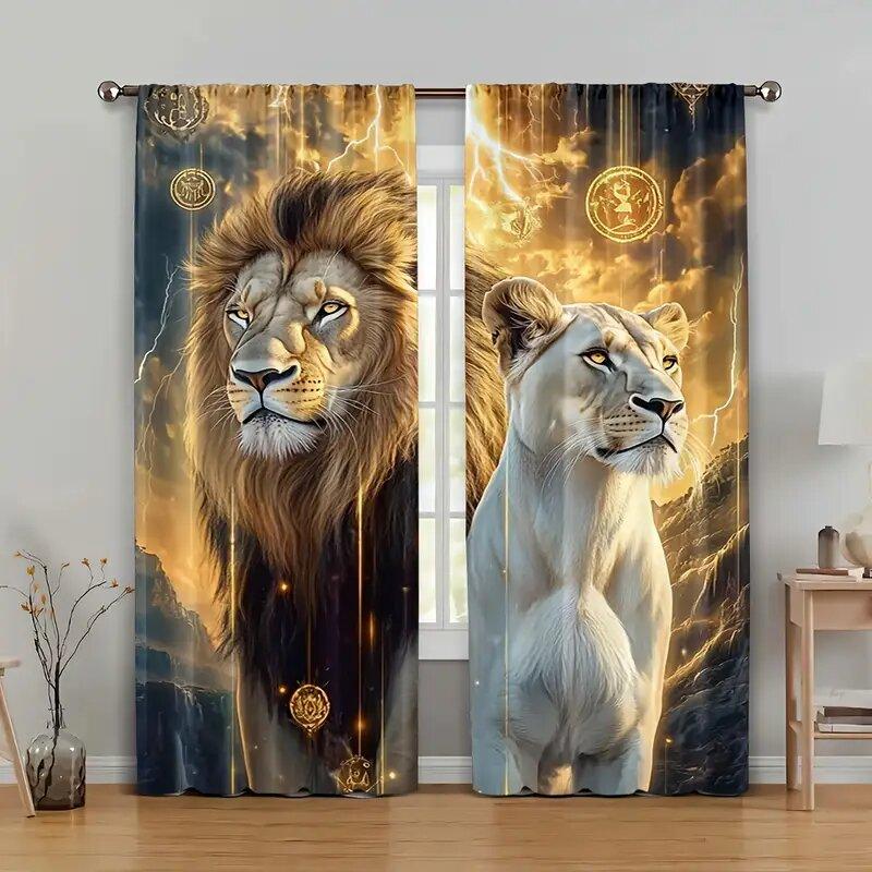 

Vibrant Golden Lion Pole Bag Curtains Bedroom Living Room Decoration Home Made Of Polyester Area Decor W100*H70(CM)-Grommet top&2PCS