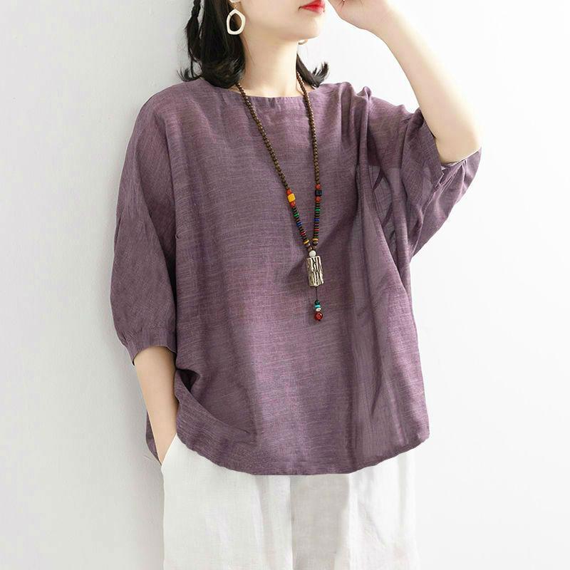 2025 Summer Plus Size Women's Loose Casual Solid Color Cotton-Linen Blend Short Sleeve T-Shirt