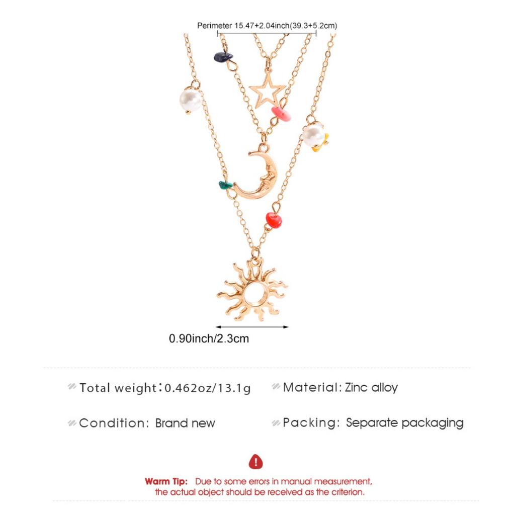 Layered Star Moon Sun Pendant Necklace with Colorful Beads and Pearls Bohemian Style Women Jewelry