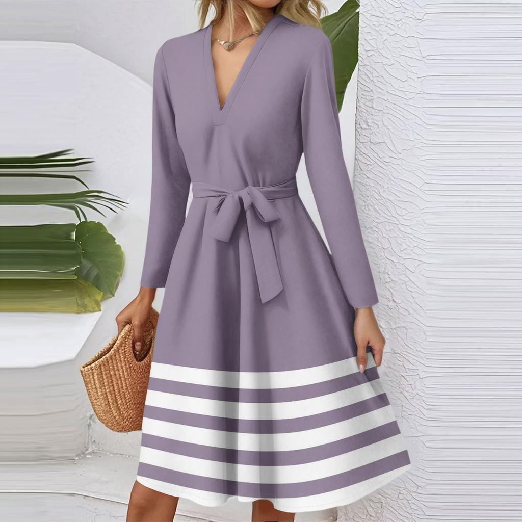 Women's Fashion Casual V-Neck Long Sleeve Waist Striped Printed Midi Dress