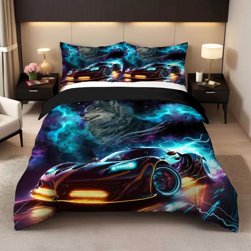Racing Car Duvet Cover Set - 3D Cartoon Vehicle Print All-Season Bedding Set- 100% Polyester Breathable Fabric, Machine Washable