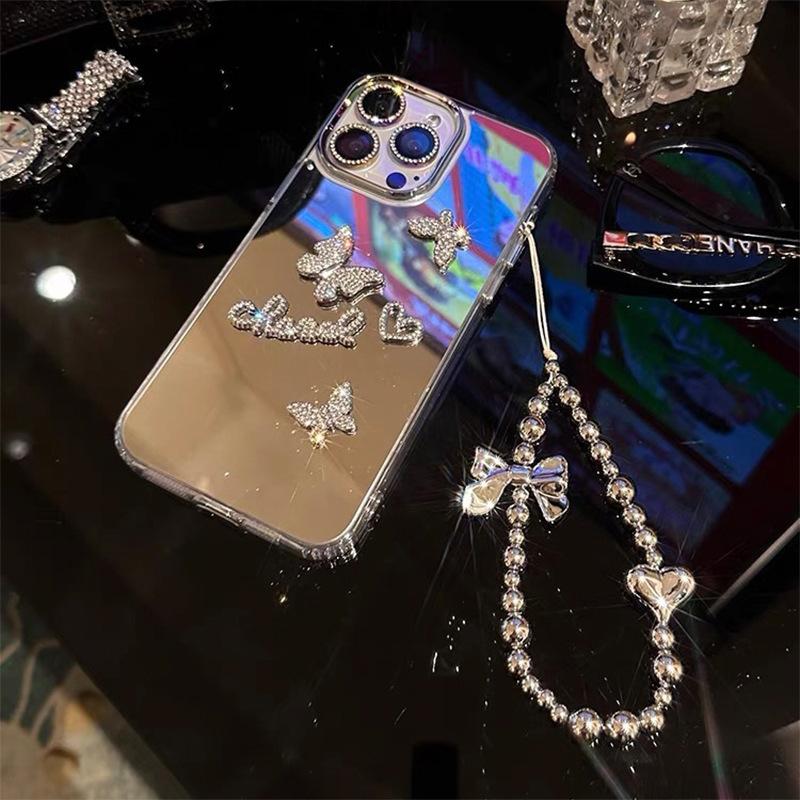 

For Apple 15 Promax Mirror Phone Case for IPhone 14 Rhinestone Butterfly High-end 13 Love Hand Chain For iPhone 17Promax