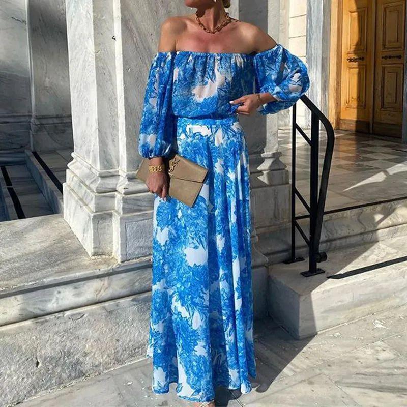 

In Stock Temu European and American Women clothes Cross-Border 2025 Print off-Shoulder Beach Seaside Skirts Bohemian Dress Blue S