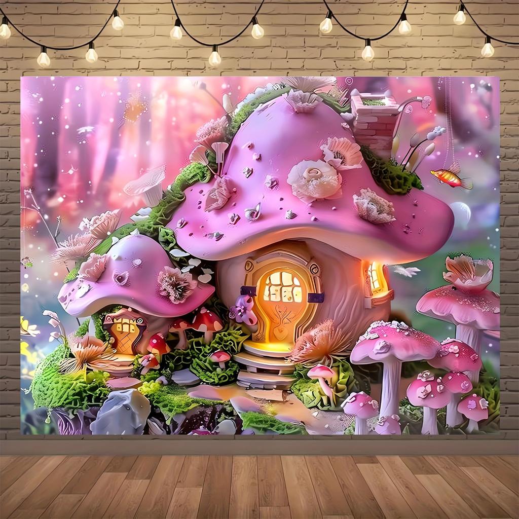 Pink Fairy Tale Mushroom Cottage Tapestry, Party and Photography, Perfect for Spring/summer Event Mushroom Party Decorations