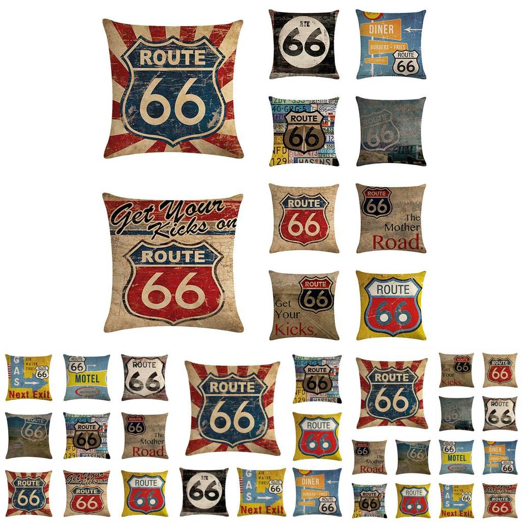 Eye-catching Route 66 Cotton Linen Pillow Cover With Invisible Zipper And Art Deco Style