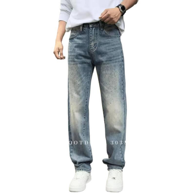 New Retro Hot Diamond Loose Straight Pants High-end Trend Washed Elastic Casual Fashion Men's Versatile Jeans